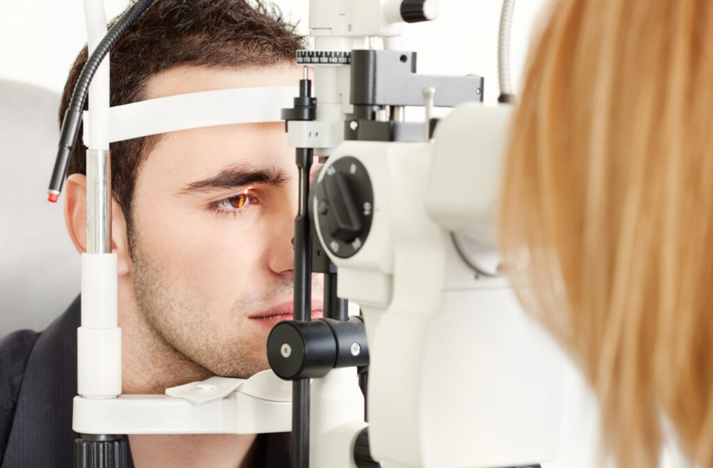 Close-up of a man undergoing a slit-lamp exam.